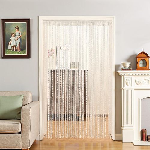 Rideau de perles/rideau de séparation avec bordure à pompons perlés, convient pour véranda, salon et salle à manger (blanc).