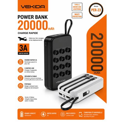 VEKIDA PER-23 – Batterie Externe 20000 mAh Charge Rapide 3A avec Câbles Intégrés