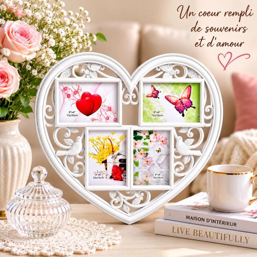 Cadre Photo Mural en Forme de Cœur pour 4 Photos – Cadre Décoratif Blanc avec Motifs Papion et Arabesques – Décoration Romantique pour Salon, Chambre, Mariage et Anniversaire