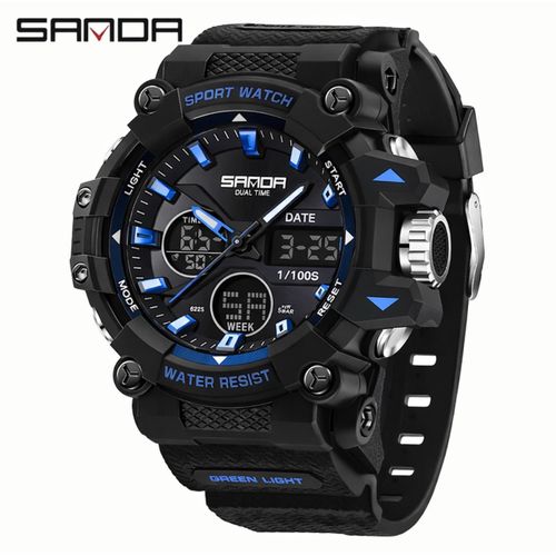 Montre Homme 6225 Sport Analogique & Digitale – Étanche 50M, LED, Chronomètre – Design Militaire Noir/Bleu