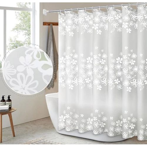 Rideau de douche salle de bain motif fleur blanche 180*200 PEVA, anti-moisissure, imperméable, séchage rapide, rideau séparateur avec crochet