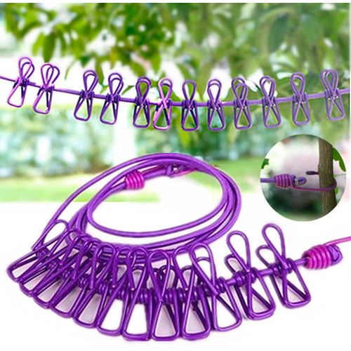 Corde à Linge à Pinces -Coupe-Vent - Extensible, Rétractable, Antidérapant, Portable Pour Extérieur ou Intérieur Pour Balcon, Hôtel, Dortoir...Avec 12 Pinces RobusteViolet