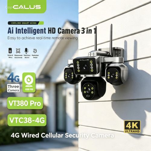 Caméra de Surveillance calus VTC38, 4G 3 Caméras, 4K, Vision Nocturne, Détection IA, Audio Bidirectionnel, V380 Pro