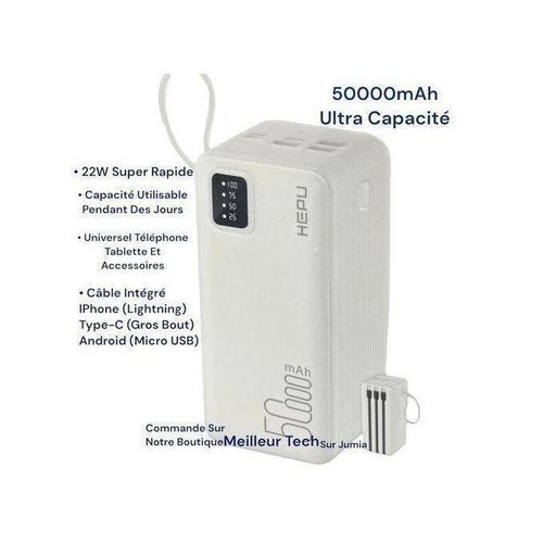 Power Bank 50 000mAh Ultra Capacité 22W Blanc - Charge Super Rapide - Pour iPhone Samsung Xiaomi Huawei Tecno Etc