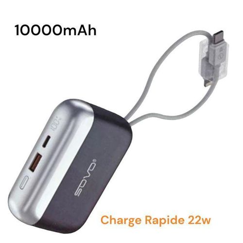 Sovo Power Bank 10000mAh PD-22 Noir – Charge Rapide 22.5W PD - Câble Type-C et iPhone