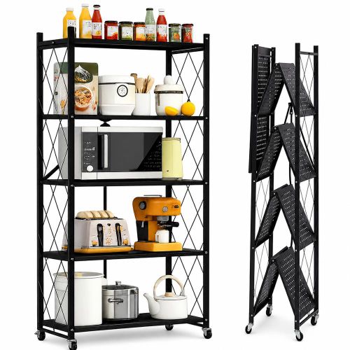 Étagère de Rangement Pliante à 5 Niveaux avec Roulettes, Rack de Rangement Métallique Robuste, Étagère Sans Assemblage pour Maison, Bureau et Commerce, Noir
