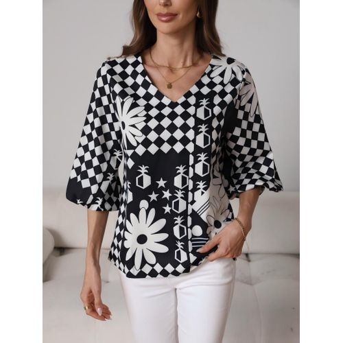 Chemisier Femme Noir et Blanc Imprimé Géométrique Col V Manches 3/4 Coupe Ample Haut Décontracté Chic