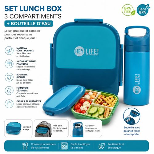 Set Lunch Box 3 Compartiments avec Bouteille d’Eau