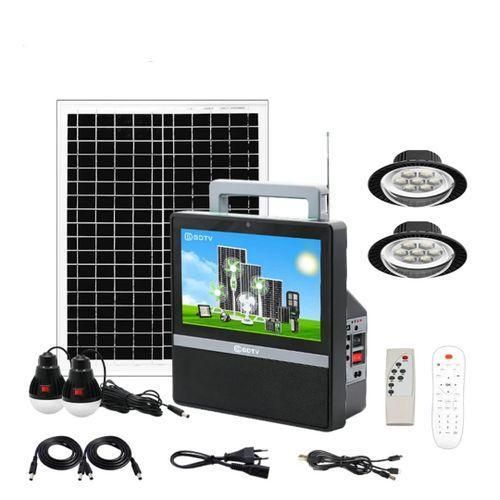 Kit TV 10 Pouces Solaire et Rechargeable avec 4 Ampoules + Panneaux