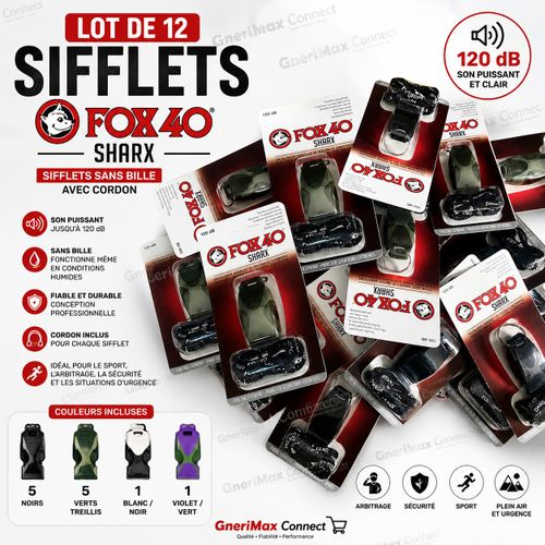 Lot de 12 Sifflets SHARX 120 dB avec Cordon – Sifflets Sans Bille Professionnels