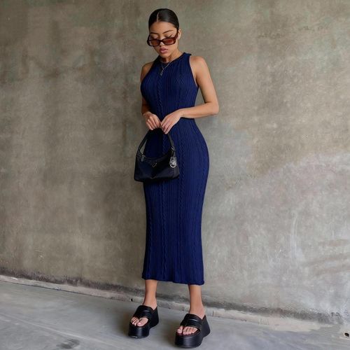 Robe d'été décontractée sans manches pour femmes, robe longue en jacquard tricotée sexy