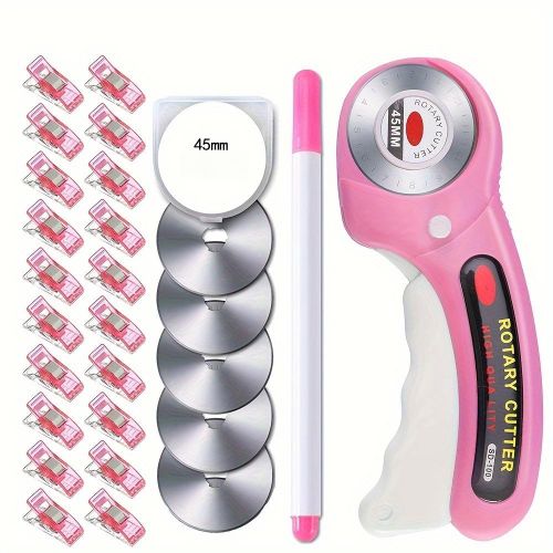 Kit de cutter rotatif 45 mm – Comprend 5 lames de rechange, des pinces de couture et un marqueur textile – Idéal pour la couture DIY, le tissu, le cuir et le quilting.