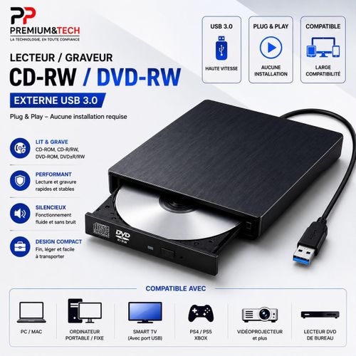 Lecteur Graveur CD/DVD Externe – USB 3.0 Haute Vitesse – Plug & Play Pour PC, Mac et Smart TV