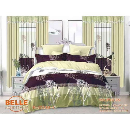 Parure de lit 6 pièces B-573AB-C motif silhouettes d’arbres vert lilas dégradé, 2 draps 240×260cm + 2 taies 60×80cm + 2 rideaux 150×220cm, tissu microfibre décoration chambre complète