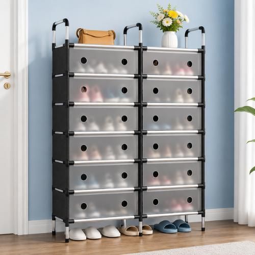 Armoire À Chaussures Modulable Double Colonne 7 Niveaux - Meuble de Rangement Grand Format 128x81cm avec Portes Antipoussière Rétractables - Noir/Gris