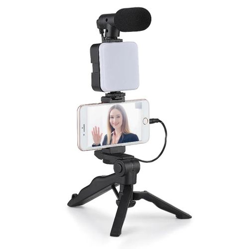 Kit de Vlogging 4-en-1 AY-49 – Trépied, Micro, Flash LED et Télécommande pour Smartphone
