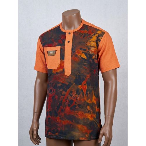 Chemise Homme à Manche Courte Avec Poche Motif Indigo -Orange