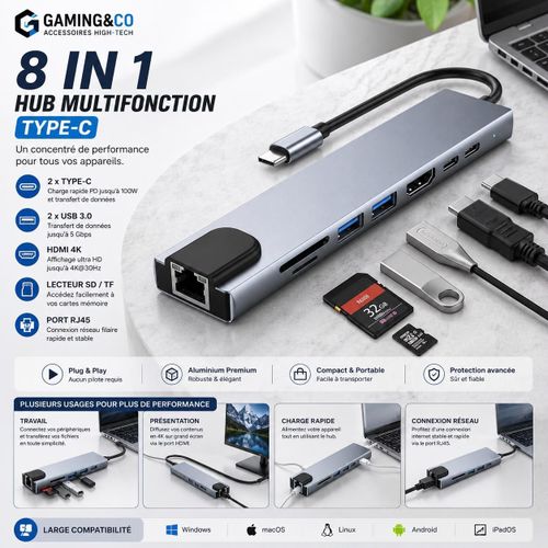 HUB USB C, Adaptateur Multiport USB C 8 En 1 Avec HDMI, Alimentation PD 100 W, Lecteur De Carte SD/TF, Port USB 3.0 Et USB 2.0, Rallonge USB C Compatible Avec Les Ports Portables De Type C