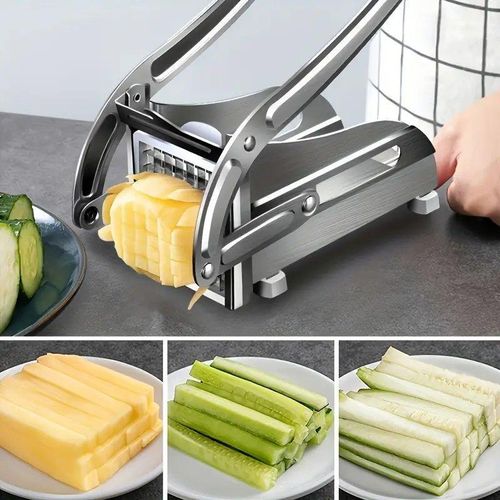 Trancheuse à légumes manuelle en acier inoxydable, outil de cuisine multifonctionnel idéal pour préparer des frites et des salades, pour la maison et les restaurants. Construction robuste et design compact.