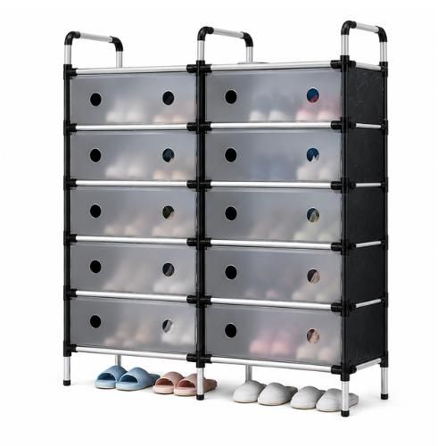 Armoire À Chaussures Modulable Double Colonne 6 Niveaux - Meuble de Rangement Grand Format 110x81cm avec Portes Antipoussière Rétractables - Noir/Gris
