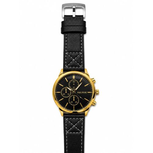 Montre Homme Élégante à Mouvement Quartz - Boîtier Doré & Cadran Noir Chronographe - Bracelet Cuir Surpiqué
