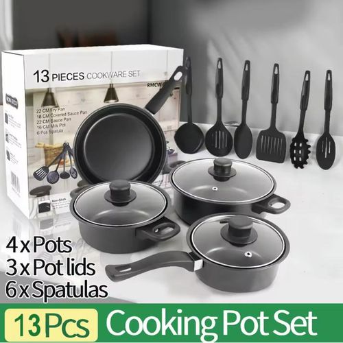 Ensemble de 13 ustensiles de cuisine antiadhésifs (casseroles et poêles) – Noir