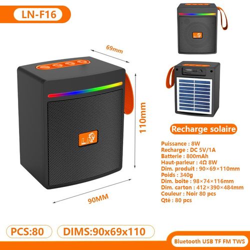 Petite enceinte Bluetooth portable avec panneau photovoltaïque arrière, puissance 8W, bande lumineuse RGB latérale et cordon de transport orange, compatible carte mémoire, radio FM et association TWS pour le plein air