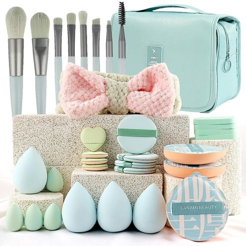 Coffret de 33 outils de beauté avec trousse de maquillage de voyage, ensemble complet de pinceaux de maquillage et houppettes à poudre pour avant et après le maquillage