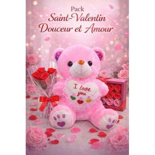 Pack de Saint Valentin avec bouquet de fleurs et peluche 35 cm