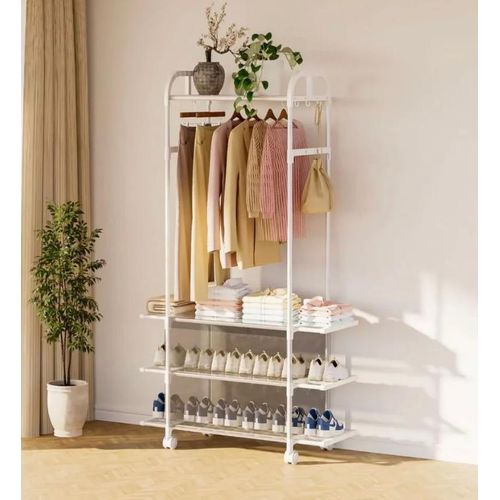 Portant Vtements MODULABLE Garde-Robe Ouverte 3-en-1 avec tagres Ajustables Porte-Sacs et Roulettes Blanc