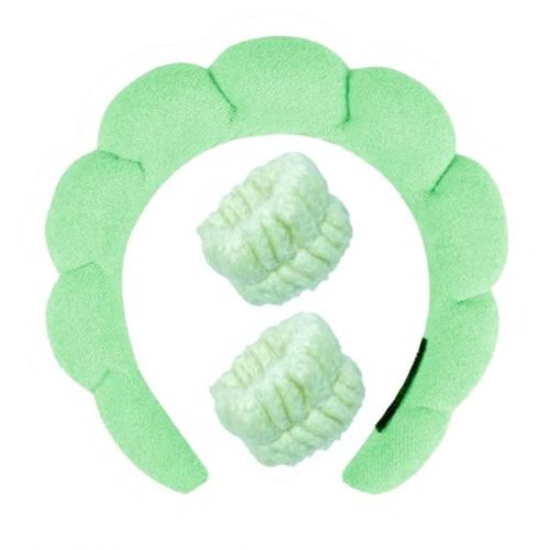 Ensemble Bandeau Spa & Bracelets Éponges Doux pour Routine Soin et Maquillage Vert
