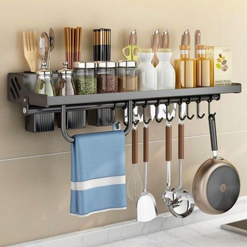 Étagère de rangement de cuisine sans perçage, support multifonctionnel mural pour baguettes et couteaux, étagère à épices domestique-noire BNBV
