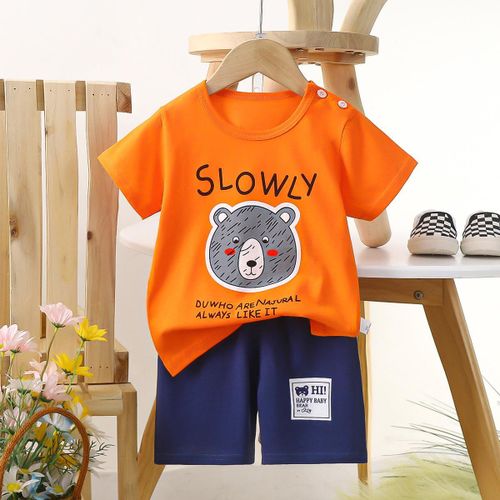 Ensemble 2 Pièces pour Bébé Garçon, T-Shirt Manches Courtes et Short Imprimé Ours, Vêtements d’Été en Coton Doux
