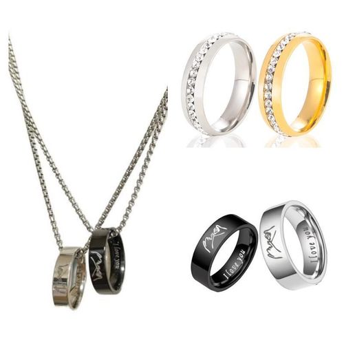 6 en 1 Ensemble de Bijoux en Titane et Acier Unisexe Je T'Aime Collier à Pendentif pour Couple Or Argent Anneaux de Coups Cœurs Bijoux en Diamant Sets