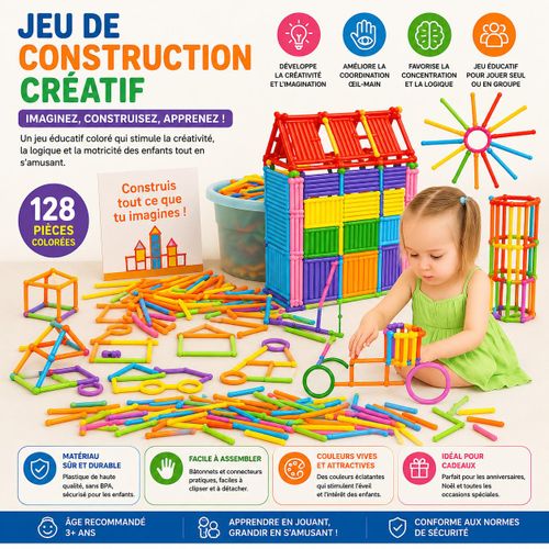 Jeu de Construction Créatif pour Enfants – Bâtonnets Éducatifs Colorés Montessori