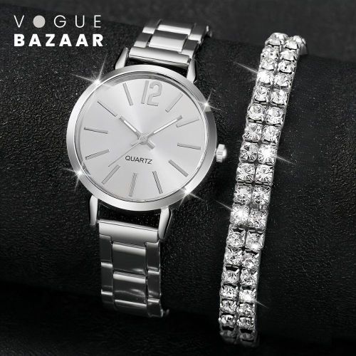 Set de 2 pièces montre et bracelet pour femme, montre en acier inoxydable avec bracelet extensible orné de strass, design minimaliste, idée cadeau pour femme