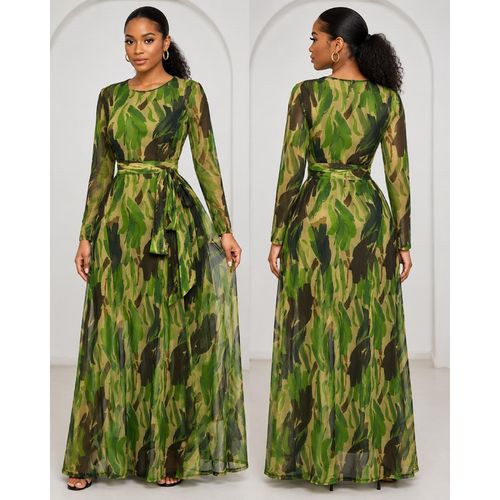 Robe Longue Fluide en Voile Camouflage Vert & Ceinture