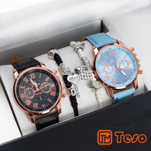 Montre couple 4 en 1 + Bracelet couple - Bleu/Noir