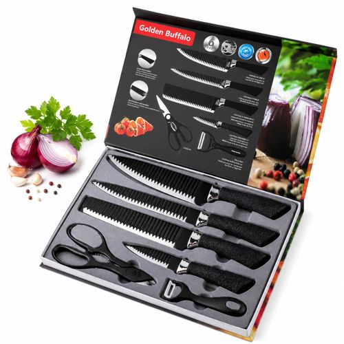 Ensemble de Couteaux de Cuisine Golden Buffalo – 6 Pièces avec Ciseaux et Éplucheur