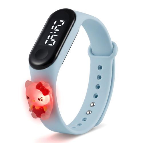 Montre pour Enfants Bleu Clair - Chat KT Lumineux, Étanche LED Cartoon pour Filles