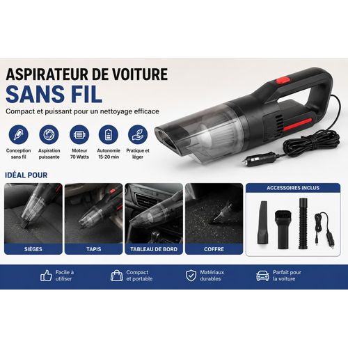 Aspirateur de Voiture Portable avec Câble - Filtre Amovible et Accessoires de Nettoyage – Noir