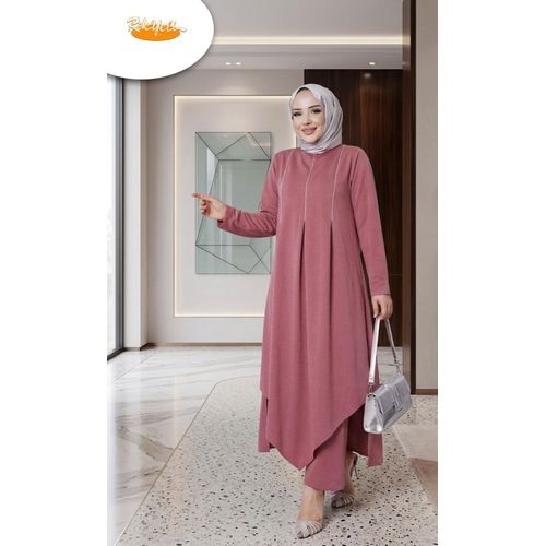 Ensemble Femme De Distinction 2 Pièces – Tunique Longue Asymétrique & Pantalon Fluide – Tenue Élégante Chic – Rose Poudré