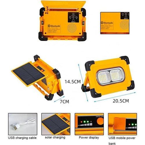 Lampe de travail solaire LED rechargeable avec haut-parleurs Bluetooth, 4 modes, projecteur super lumineux, batterie externe USB