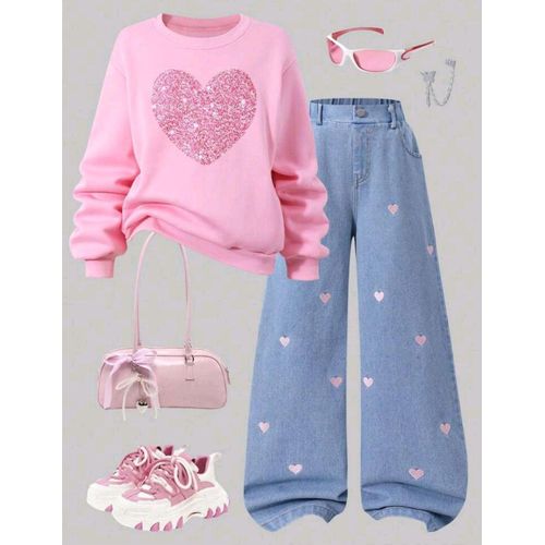 2 pièces Tenue pour préadolescentes, comprenant un sweat-shirt ample à imprimé cœur et un jean