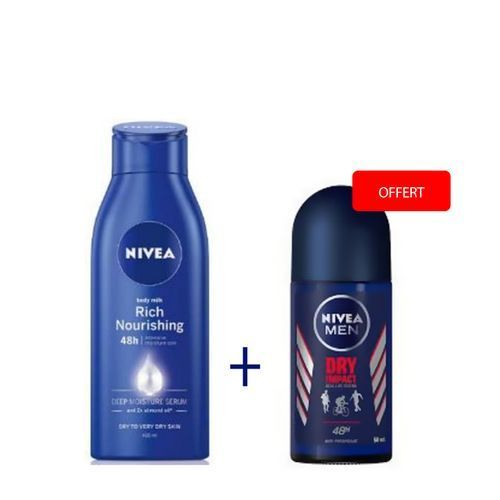 Pack de 4 Nivea lait corps + Roll-on ( Lait Nourrissant – 250Ml x 2+ Roll On Dry Impact - 50Ml x 2 )