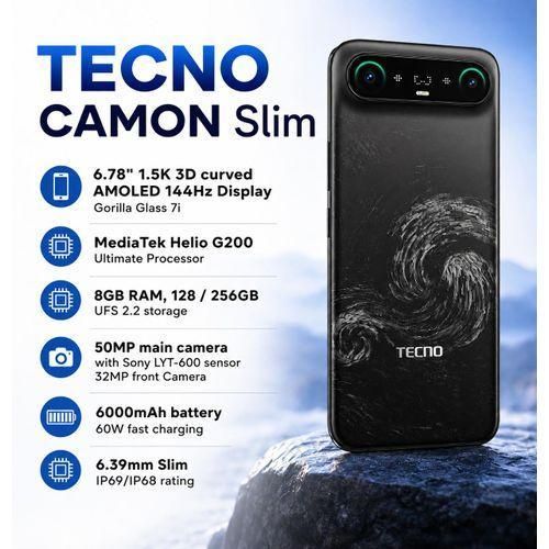 CAMON SLIM - 256GB ROM - 24GB RAM (16 Extended RAM) - 6.39 - IP69 IP68 - 5600mAh - 60W - 4G - PRISM BLACK