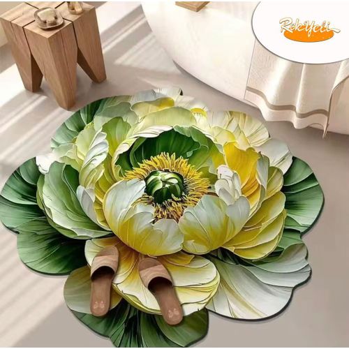 Tapis Rond à Motif Floral 3D Style Moderne Antidérapant, Séchage Rapide, Absorbant L'eau – Tapis de Sol Décoratif Ultra Doux pour Chambre, Salon & Salle de Bain(Vert-Jaune)
