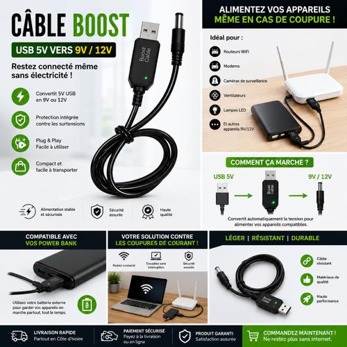 Câble Boost USB 5V vers 9V/12V - Cable d’Alimentation fibre optibre par powerbank - Power Boost Cable - Kit Internet Sans Coupure - Spécial Maison & Bureau