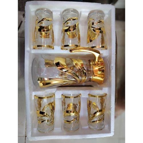 Agréable Verres avec Carafe – 7 Pièces – Design Doré Élégant – Transparent