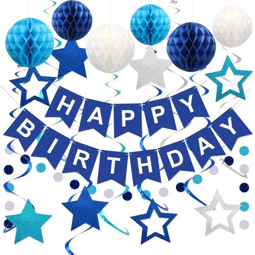 Décoration d'anniversaire, bannière Joyeux Anniversaire avec des billes en nid d'abeille, épingles suspendues en forme d'étoiles et de courbes, guirlande de points circulaires (bleu)